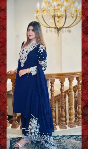 Pakistani Boutique Tail gown Style Chiffon 3Pcs _ Navy Blue 